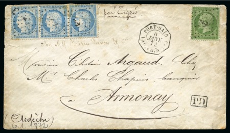 1872 (6.1) Letter from Port Said to France, franked 1862-72 Empire 5c. and 1871-73 25c. (strip of 3), tied with maritime anchor