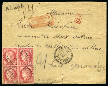Stamp of Egypt » French Post Offices » Port Said 1872 (9.9) Registered letter front from Port Said to Garonne, France, franked France 1872-75 issue 80c. in two horizontal pairs