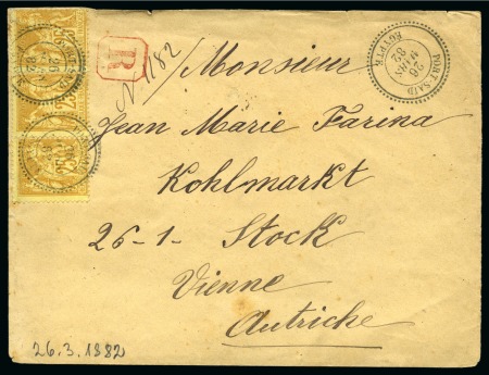 Stamp of Egypt » French Post Offices » Port Said 1882 (26.3) Registered cover from Port Said via Napoli to Vienna, Austria, franked with France 1879*80 issue 25c. strip of 3