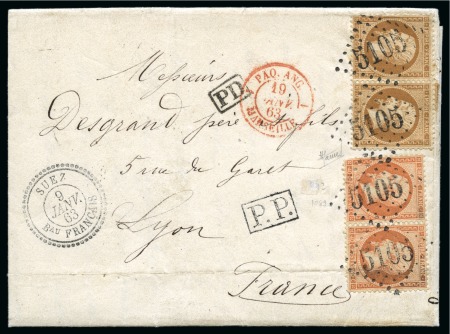 1863 (9.1) Entire letter from Suez to Lyon, France via British steamer “Vectis”, franked with 1862 Empire 10c. pair and 40c. pair