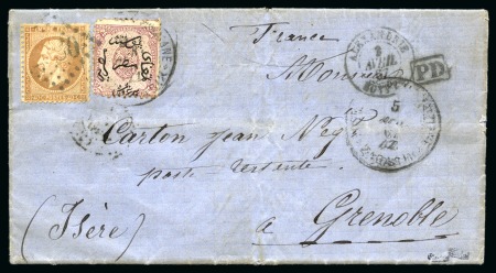 1867 (5.4) Letter from Zagasik via Alexandria to France, with Egypt First Issue 1 pi. and France Empire 40c. combination franking