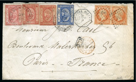 1868 (8.1) Combination cover from Alexandria to France franked Egypt Second Issue 1 pi. (3) and 2 pi. with France 40c. pair