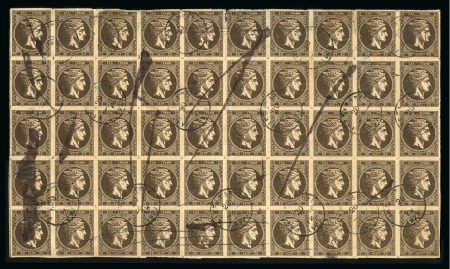 1876 30 lep dark olive brown, part sheet of 50 cancelled with ALEXANDRIA circular datestamps