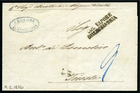 Stamp of Egypt » Austrian Post Offices » Alexandria 1852 (9.5) Folded stampless cover from Alexandria to Trieste, Austria, bearing “COL VAPORE/ D’ALESSANDRIA” 2-line hs