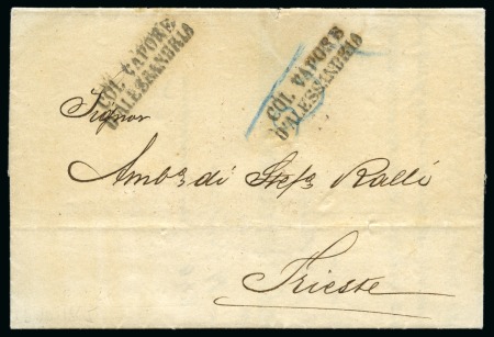 1865 (28.10) Folded stampless mourning lettersheet from Alexandria to Trieste with two “COL VAPORE/D’ALESSANDRIA” 2-line handstamps
