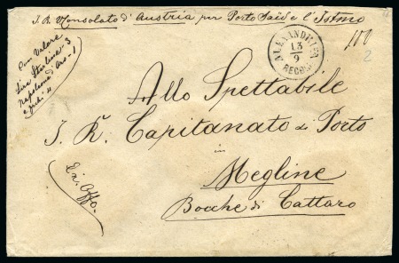 1868 (13.9) Registered official envelope from the Austrian Consulate in Port Said via Alexandria to Cattaro