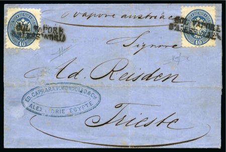 1867 Folded cover to Trieste, franked 1864 10 s. blue two singles, both tied by 2-line COL VAPORE/D’ALESSANDRIA handstamp