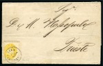 1865 (13.4) Folded printed matter entire to Trieste, franked 1864 2 s. yellow, perforation 9 1/2, tied “ALEXANDRIEN/13.4” 