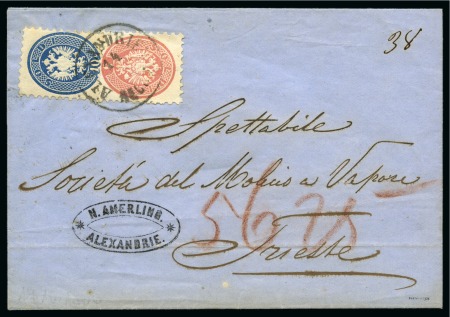 1866 (14.10) Folded cover registered from Alexandria to Trieste with Austrian Levant Arms perforation 9 1/2 1864 5 s. and 10 s.