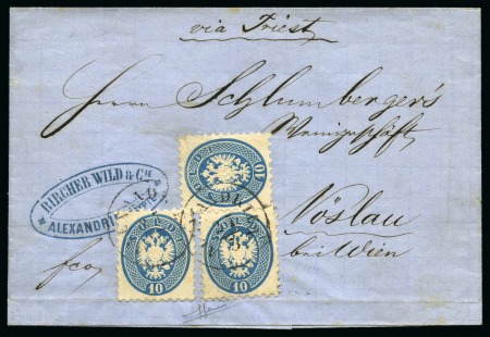 Stamp of Egypt » Austrian Post Offices » Alexandria 1865 (27.3) Folded cover to Vöslau, Austria, franked three singles of the 1864 10 s. blue tied “ALEXANDRIEN/27.3” 