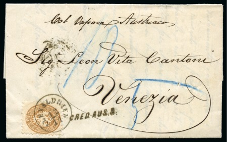 Stamp of Egypt » Austrian Post Offices » Alexandria 1866 Folded entire letter to Venice, Italy, franked 1864 15 s. brown, tied ALEXANDRIEN/12.11 circular datestamp