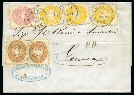 Stamp of Egypt » Austrian Post Offices » Alexandria 1864 (14.3) Folded entire via Trieste to Genova, franked 1863 2 s. yellow, three singles, 5 s. rose and 15 s. brown (creased) pair