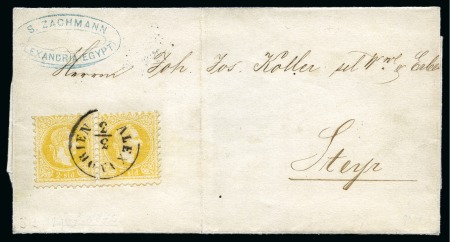 1872 (3.3) Folded cover from Alexandria to Steyr, Austria, franked with 1867 2 s. yellow pair