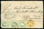 Stamp of Egypt » Austrian Post Offices » Alexandria 1876 (17.6) Small envelope to Dresden, franked three examples of the 1874 3s. green and 2s. yellow tied thimble “ALEXANDRIEN"