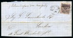 Stamp of Egypt » British Post Offices » Alexandria 1867 (14.5) Folded large part cover from Alexandria to London, franked 6d tied with “B01”