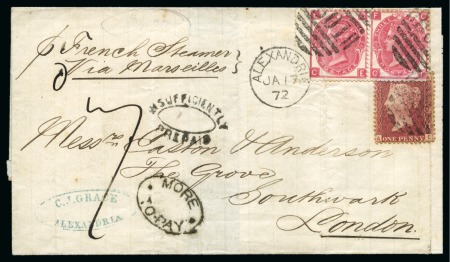 Stamp of Egypt » British Post Offices » Alexandria 1872 (17.1) Folded cover from Alexandria to London, franked with Great Britain 3d pair + 1d single, cancelled “B01”