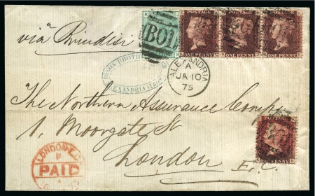 1875 (10.1) Folded cover from Alexandria to London with four 1858-79 1d red pl. 120 (strip of three and single) and 1873-80 1s green pl.10