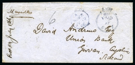 1866 (19 July) Cover from Cairo to Scotland, showing a fine strike of the “Crowned Circle” PAID AT SUEZ in blue