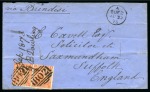 Stamp of Egypt » British Post Offices » Suez 1873 (30.8) Cover from Suez to Saxmundham, Suffolk, England, franked Great Britain pair 4d, cancelled “B02"