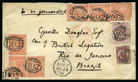 Stamp of Egypt » British Post Offices » Suez 1875 (23.11) Envelope sent from Suez to Rio de Janeiro, Brazil, bearing six 4d vermilion pl. 14, 2 1/2d rosy mauve and 1/2d rose pl. 5