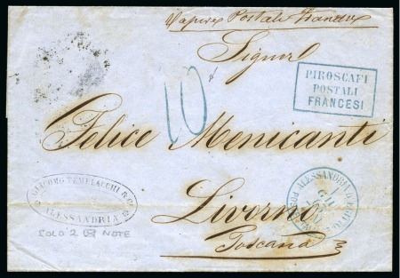 1863 (1.6) Folded cover to Italy with Alessandria d’Egitto cds, boxed PIROSCAFI / POSTALI / FRANCESI hs & “10” (decimes) all in blue