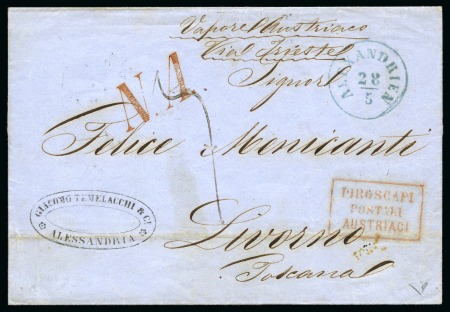 1863 Folded stampless cover from the Austrian PO in Alexandria to Livorno with boxed “PIROSCAFI POSTALI AUSTRIACI” hs