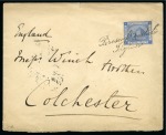Stamp of Egypt » Italian Post Offices » Alexandria 1890 cover to Colchester, England, franked Egypt 4th Issue 1pi. blue tied by scarce italic ‘Piroscafi Postali/ Inglese’ in black