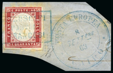 Stamp of Egypt » Italian Post Offices » Alexandria 1855-63 40c red neatly tied by boxed “PIROSCAFI POSTALI FRANCESI” in blue on fragment with POSTA EUROPEA/CAIRO cds alongside