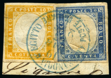 Stamp of Egypt » Italian Post Offices » Alexandria 1855-63 20c blue and 80c yellow, neatly tied by POSTE ITALIANE/ALESSANDRIA D’EGITTO cds in blue on fragment