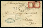 Stamp of Egypt » Italian Post Offices » Alexandria 1863 (4.9) Incoming combination folded cover to Cairo, franked by Sardinia 1855-61 40 c. pair and transferred to Posta Europea in Egypt