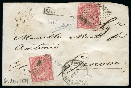 1871 (6.10) Registered letter from Alexandria to Genova, franked with two 1863 40 centesimi stamps, cancelled with "234" dots