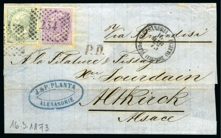 1873 (16.3) Large part cover from Alexandria to Altkirch, Alsace, France, franked with Italy 1863 5 c. and 60 c.