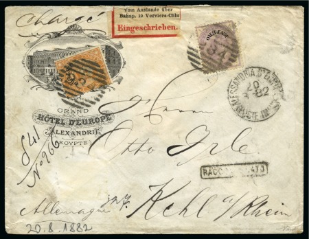 1882 Printed envelope from the "Hotel D'Europe" in Alexandria sent registered to Germany, franked Italy 1874 ESTERO Issue 20c. and 60c.