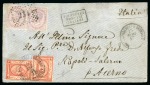 1868 (15.5) Envelope from Tanta to Italy, bearing Egypt 2nd Issue 1pi. rose-red (2) in combination with Italy 1863-65 60c. pair