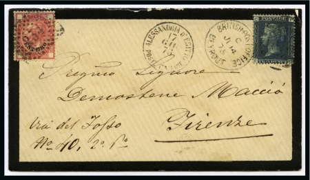 Stamp of Egypt » Italian Post Offices » Mixed Frankings 1875 (14.6) Mourning envelope to Florence bearing GB 2d from Beyrout and Italy ESTERO 40c. from Alexandria
