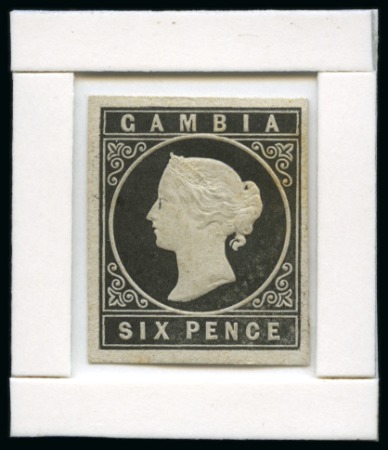 Stamp of Gambia 1869-72 6d Die proof in black on white "heavy paper" with embossing