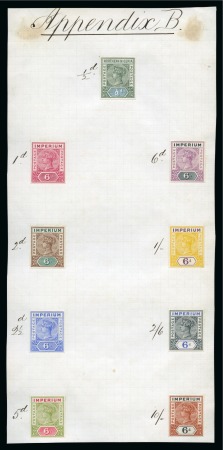 Stamp of Nigeria » Northern Nigeria 1900 1/2d Key-Type "Postage & Postage" essay for unissued design affixed to archive page with eight "Imperium" proofs