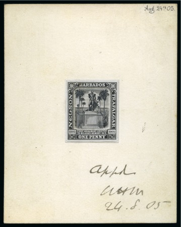 Stamp of Barbados 1906 Nelson Centenary 1d composite essay in black with Chinese white hand-painting affixed in sunken card