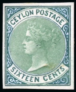 Stamp of Ceylon 1872-80 16c Composite essay with handpainted frame in green and Chinese white