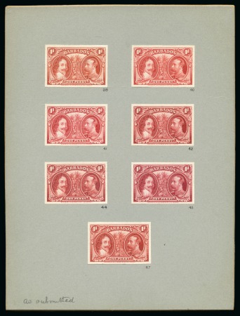 Stamp of Barbados 1927 Tercentenary of the Settlement of Barbados archive page by Bradbury Wilkinson showing seven different proposed shades for the 1d