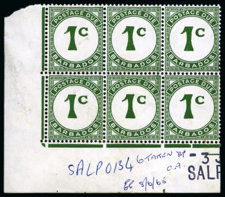 Stamp of Barbados Postage Dues: 1949 De La Rue archive page with 1c, 2c and 6c in imperf. blocks of six affixed and 1965-68 postage due corner marginal blocks of six from the printer's record sheets
