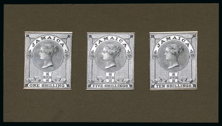 Stamp of Jamaica Revenues: 1858 1s, 5s and 10s De La Rue die proofs on white glazed card affixed to piece