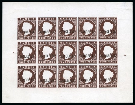 Stamp of Gambia 1869-72 4d Brown and 6d Deep Blue proof sheetlets of 15 with "CANCELLED" overprints