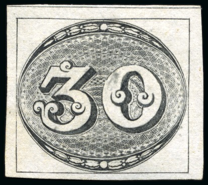 1843, 30r black, worn impression, thin paper, unused