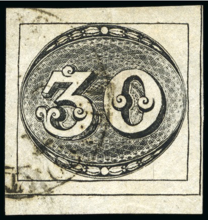 1843, 30r black, intermediate impression, an exceptional used example from the lower right corner of the sheet 