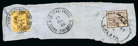 1866 2pi Yellow on large fragment in combination with Turkish Local 20pa