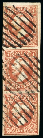 1855 1sg vermilion, vertical strip of three used