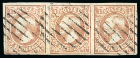 Stamp of Luxembourg 1855-56 1sg brown-red and light flesh, two strips of three used