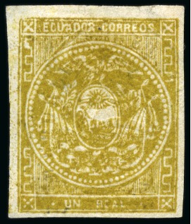 Stamp of Ecuador 1865-72 1r olive-yellow, embossed coat of arms, unused