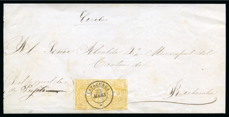 Stamp of Ecuador 1869-73 1r bistre, two examples on judicial wrapper